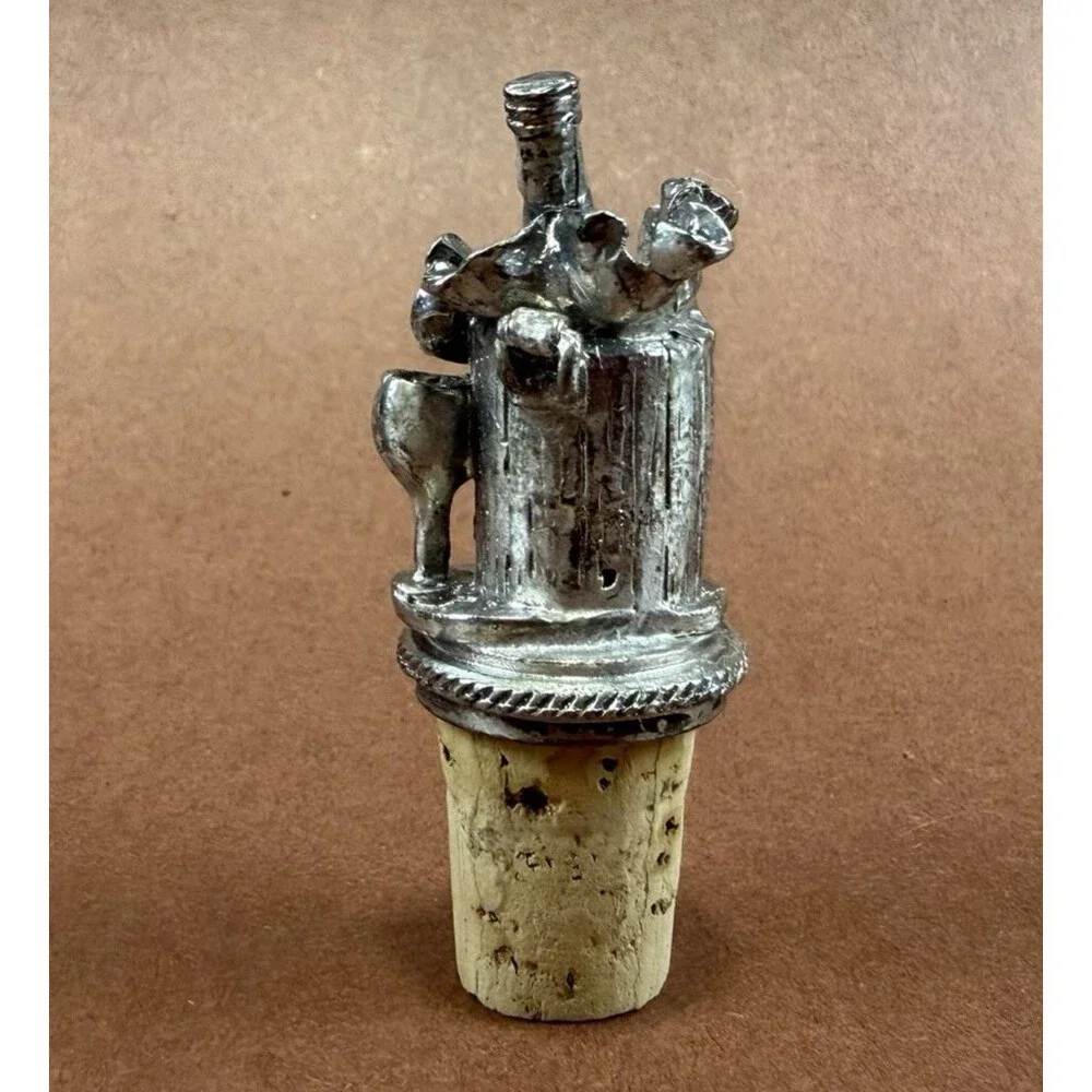 Vintage Etched Pewter W/Cork Wine Bottle in Bucket Bottle Stopper